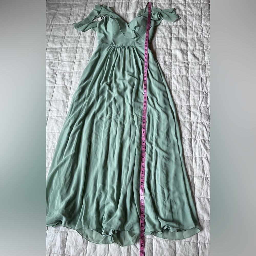 Mori Lee Elegant Light Green Off-Shoulder Chiffon Empire Waist Formal Dress - 4 - Picture 5 of 11